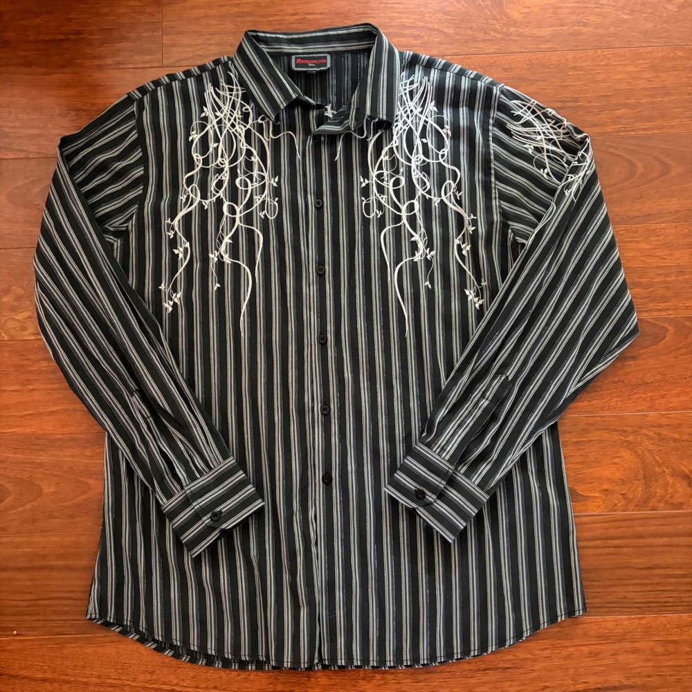 Patroncito USA Mens XXL Black Striped Embroidered Button Down Shirt Y2K BMX